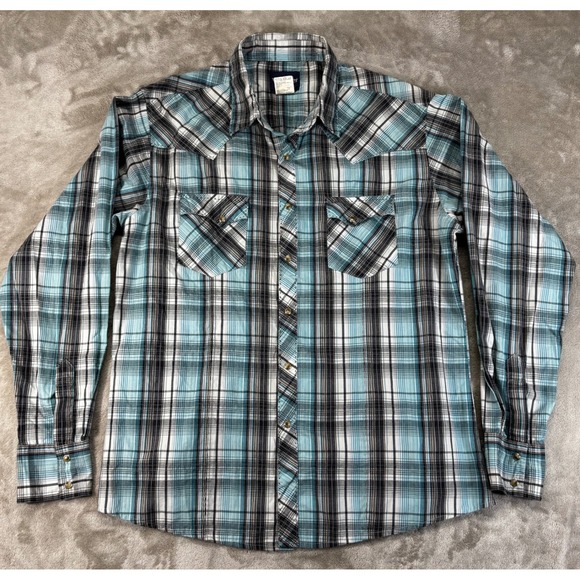 Wrangler Other - Wrangler Western Snap Shirt Mens XL Turquoise Black Plaid Excellent Pearl Snap